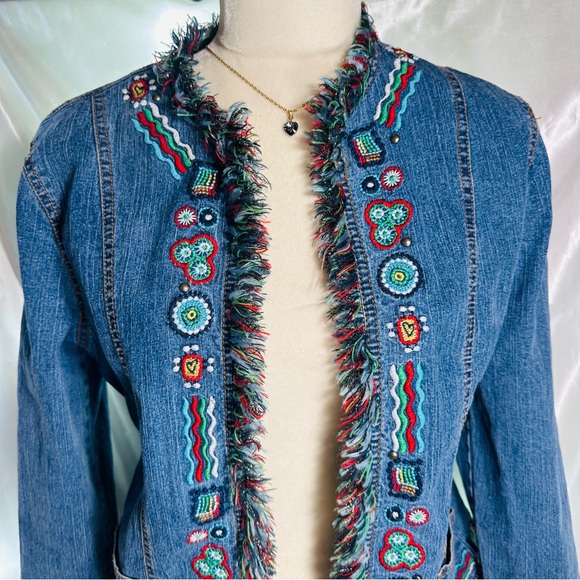 VTG RubyRd Jean Denim Jacket Sz Medium Blue Colorful Fringe Embroidered Pockets - Picture 4 of 9